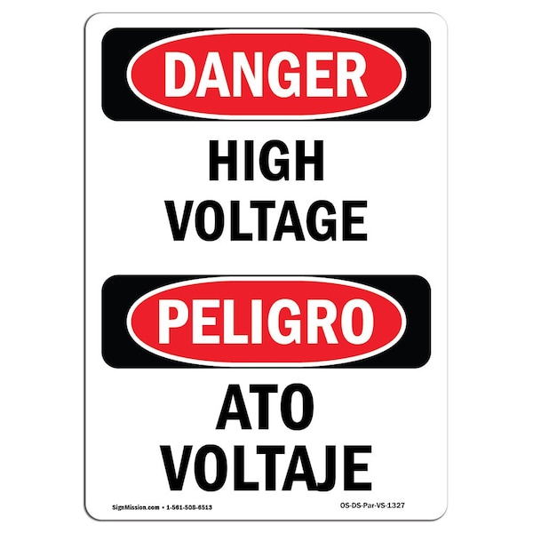 Safety Sign, OSHA Danger, 5" Height, High Voltage Bilingual Spanish, 10PK